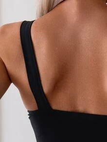 Swim Chiccia Solid Color One Shoulder Slim Fit One-Piece Swimsuit For Swimming, Vacation, Summer Beach - Black - View 5