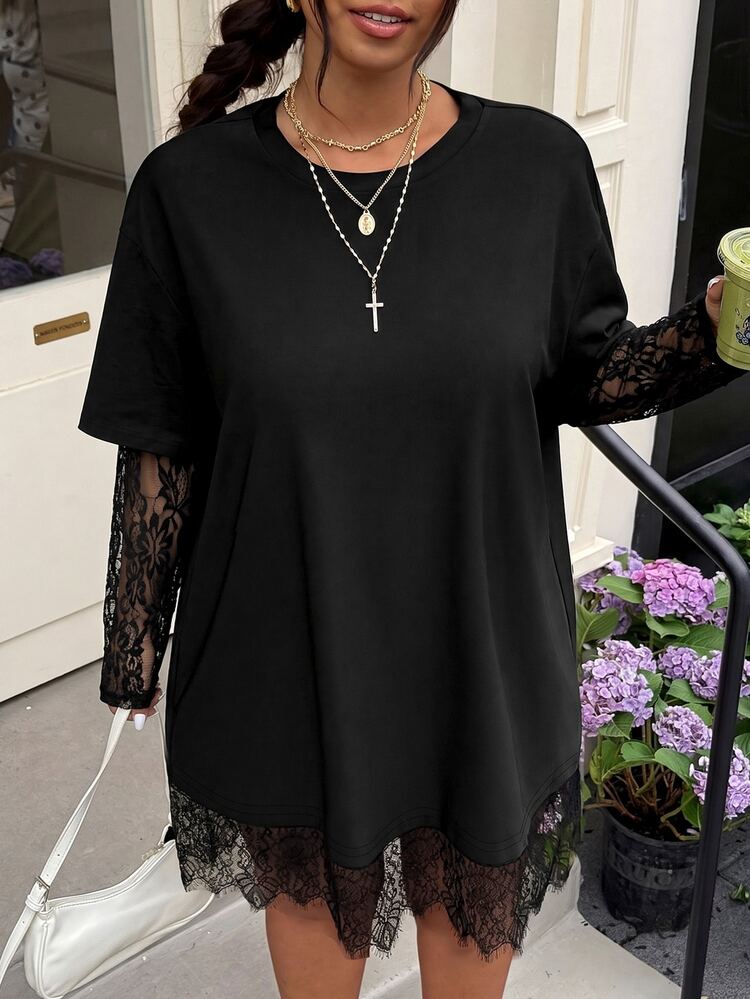 Muchica Plus Size Women Solid Color Contrast Lace 2 In 1 Dress - Black - View 4