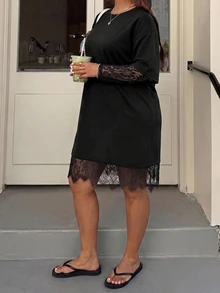 Muchica Plus Size Women Solid Color Contrast Lace 2 In 1 Dress - Black - View 5