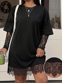 Muchica Plus Size Women Solid Color Contrast Lace 2 In 1 Dress - Black - View 1