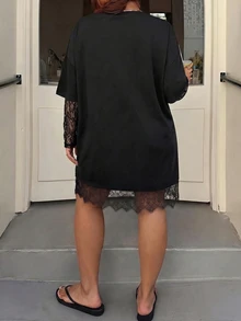 Muchica Plus Size Women Solid Color Contrast Lace 2 In 1 Dress - Black - View 2