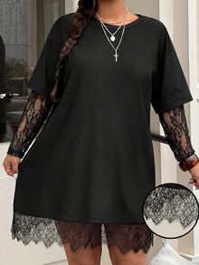 Muchica Plus Size Women Solid Color Contrast Lace 2 In 1 Dress - Black - View 3