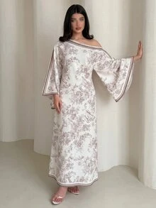 Yasmyna 女士春夏提花数码印花长袖不对称领A字优雅浪漫土耳其长裙及阿拉伯传统罩袍 - 彩色 - 查看 4