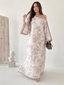 Yasmyna 女士春夏提花数码印花长袖不对称领A字优雅浪漫土耳其长裙及阿拉伯传统罩袍 - 彩色 - 查看 6