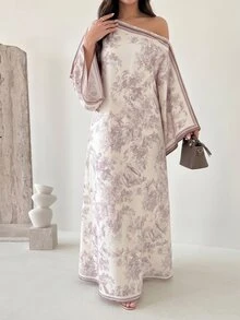 Yasmyna 女士春夏提花数码印花长袖不对称领A字优雅浪漫土耳其长裙及阿拉伯传统罩袍 - 彩色 - 查看 7