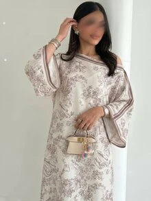 Yasmyna 女士春夏提花数码印花长袖不对称领A字优雅浪漫土耳其长裙及阿拉伯传统罩袍 - 彩色 - 查看 5