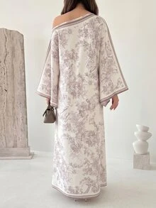 Yasmyna 女士春夏提花数码印花长袖不对称领A字优雅浪漫土耳其长裙及阿拉伯传统罩袍 - 彩色 - 查看 3
