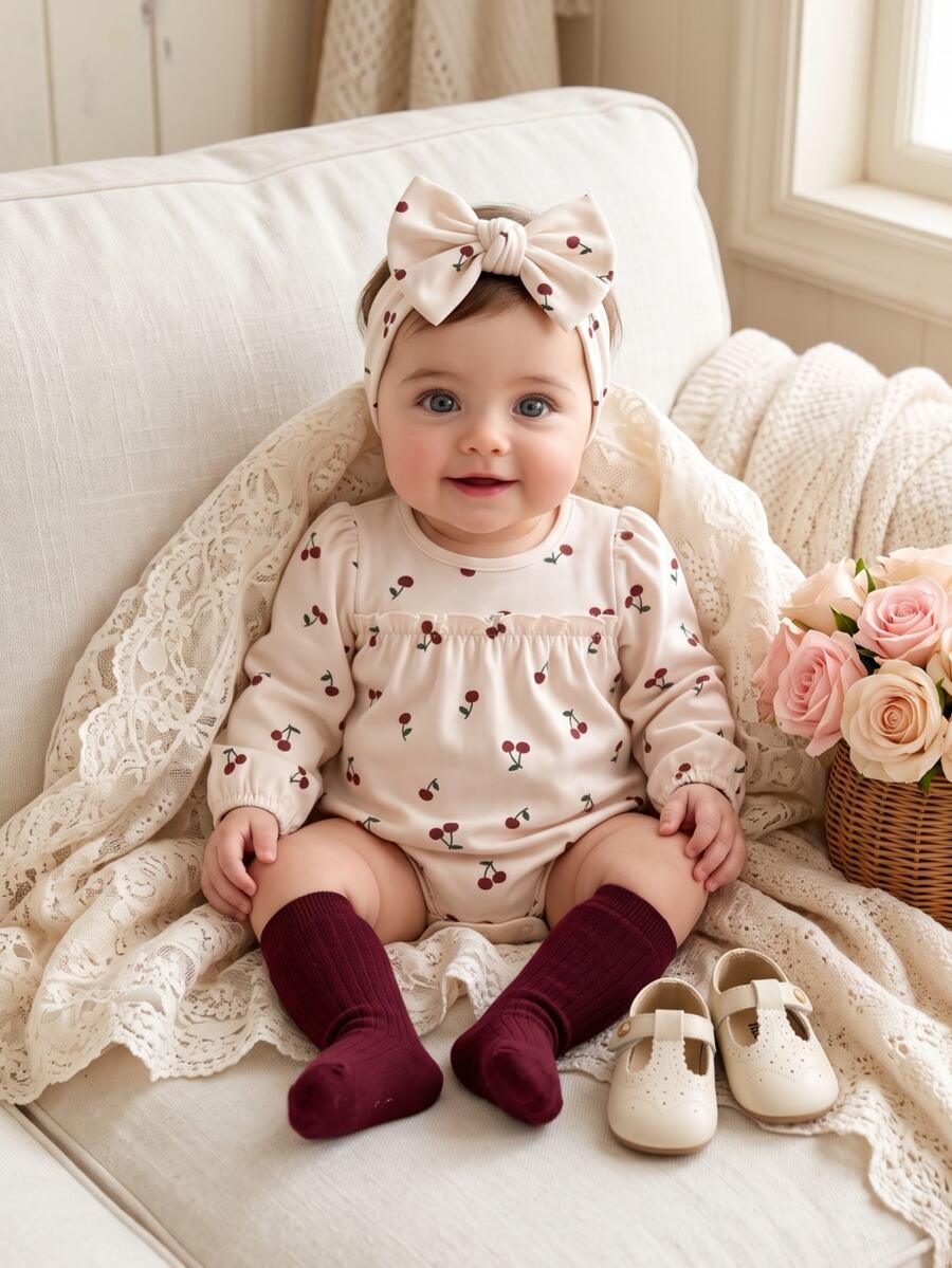 SHEIN Infant Autumn/Winter Versatile Minimalist Cute Cherry Pattern Round Neck Long Sleeve Romper And Dark Red Socks - Red - View 1
