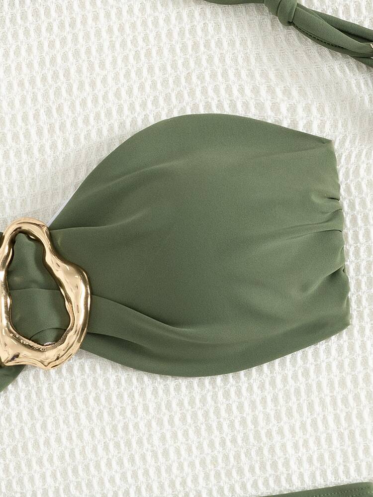 Swim Basics Women's Beach Vacation Casual All Black Detachable Slim Strap High Waist Pants With Metal Accessories Bikini Set - Army Green - View 5