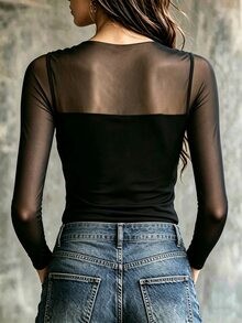 Trelyra Fashion Slim Fit Ruched Cowl Neck Low Neckline Mesh Patchwork Long Sleeve Women's Bodysuit - Black - View 4