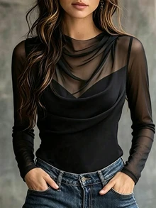 Trelyra Fashion Slim Fit Ruched Cowl Neck Low Neckline Mesh Patchwork Long Sleeve Women's Bodysuit - Black - View 6