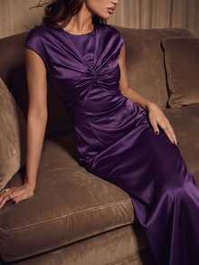 Anewsta Gaun Wanita Satin Premium Musim Semi/Panas dengan Simpul Terpilin - Purple - View 2