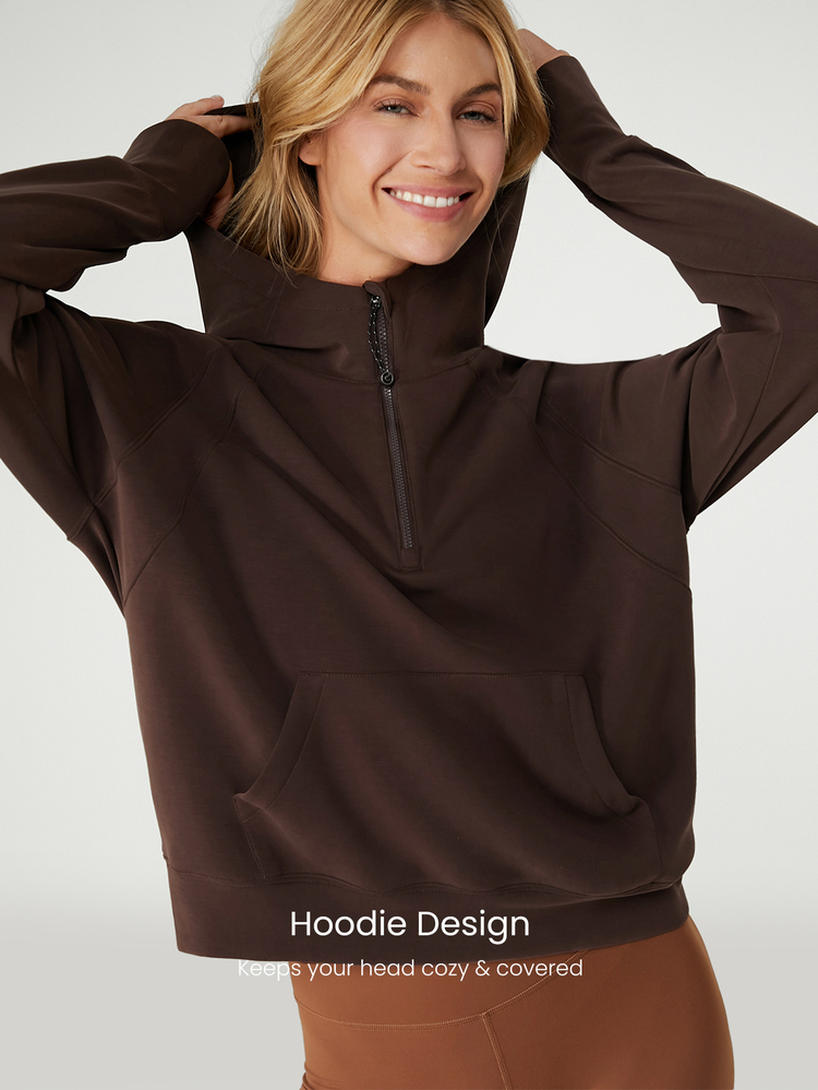 GLOWMODE Modal Silk Touch Oversized Long Sleeve Half-Zip Sweatshirt  Spring Summer - Chocolate Brown - View 4