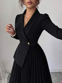 Elenzga 長袖辦公通勤優雅女士風通勤面試專業OL風無袖西裝領收腰百褶米白色洋裝優雅浪漫女裝 - 黑色 - 查看 6