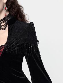 ROMWE Goth جاكيت ذيل طويل بأسلوب قوطي ملكي بياقة منخفضة للنساء، خريف/شتاء - الأسود - مشاهدة 3