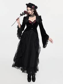 ROMWE Goth جاكيت ذيل طويل بأسلوب قوطي ملكي بياقة منخفضة للنساء، خريف/شتاء - الأسود - مشاهدة 1
