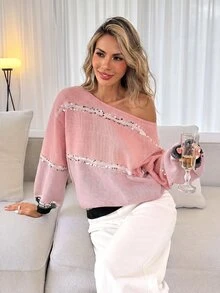 Easowa Women's Fashion Sequin Asymmetrical Shoulder Contrast Color Long Sleeve Sweet Sweater - Multicolor - View 4