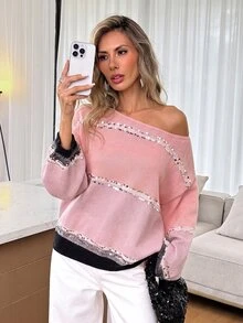 Easowa Women's Fashion Sequin Asymmetrical Shoulder Contrast Color Long Sleeve Sweet Sweater - Multicolor - View 3