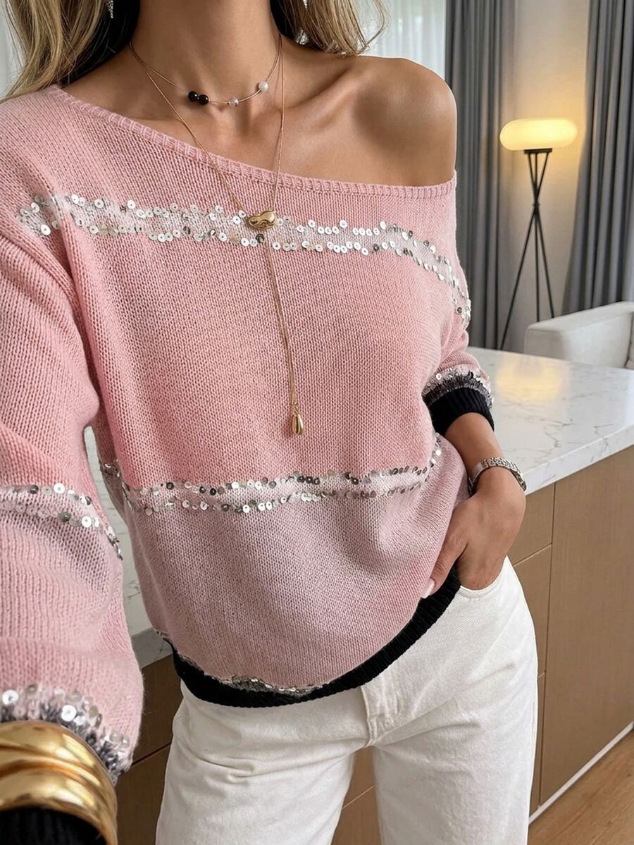 Easowa Women's Fashion Sequin Asymmetrical Shoulder Contrast Color Long Sleeve Sweet Sweater - Multicolor - View 1