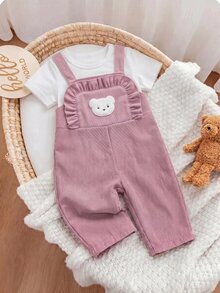 SHEIN 新生女嬰可愛百搭休閒粉色彩虹刺繡連身褲，適合兒童四季穿著 - 粉色 - 查看 3