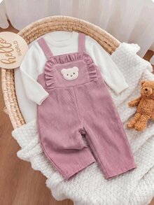 SHEIN 新生女嬰可愛百搭休閒粉色彩虹刺繡連身褲，適合兒童四季穿著 - 粉色 - 查看 6
