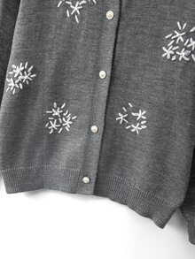 GlowEve CURVE Cardigan Rajut Lengan Panjang Leher Bulat Kancing Bordir Buatan Tangan Warna Kontras Serbaguna Elegan untuk Wanita Ukuran Plus, Motif Bunga Putih untuk Musim Gugur dan Musim Dingin - Grey - View 4