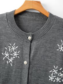 GlowEve CURVE Cardigan Rajut Lengan Panjang Leher Bulat Kancing Bordir Buatan Tangan Warna Kontras Serbaguna Elegan untuk Wanita Ukuran Plus, Motif Bunga Putih untuk Musim Gugur dan Musim Dingin - Grey - View 3