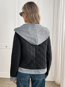 Yalmera Women's Colorblock Long Sleeve Zipper Front Drawstring Hooded Winter Jacket - Black - View 2