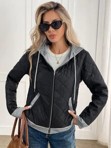 Yalmera Women's Colorblock Long Sleeve Zipper Front Drawstring Hooded Winter Jacket - Black - View 4