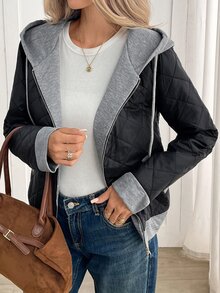 Yalmera Women's Colorblock Long Sleeve Zipper Front Drawstring Hooded Winter Jacket - Black - View 7