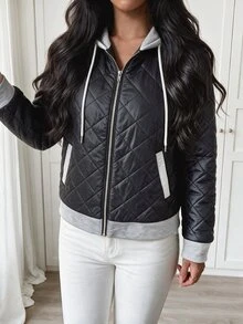 Yalmera Women's Colorblock Long Sleeve Zipper Front Drawstring Hooded Winter Jacket - Black - View 1