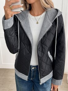 Yalmera Women's Colorblock Long Sleeve Zipper Front Drawstring Hooded Winter Jacket - Black - View 6