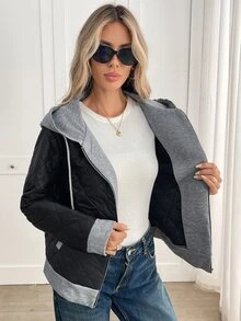 Yalmera Women's Colorblock Long Sleeve Zipper Front Drawstring Hooded Winter Jacket - Black - View 8