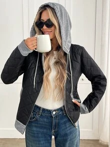 Yalmera Women's Colorblock Long Sleeve Zipper Front Drawstring Hooded Winter Jacket - Black - View 3