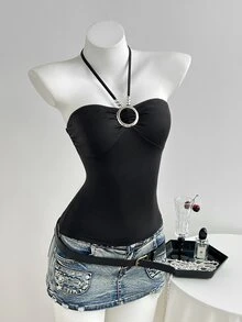 Elamini Tank Top Wanita Kasual dengan Hiasan Mutiara dan Motif Lingkaran Berongga, Model Halter Neck - Hitam - View 6