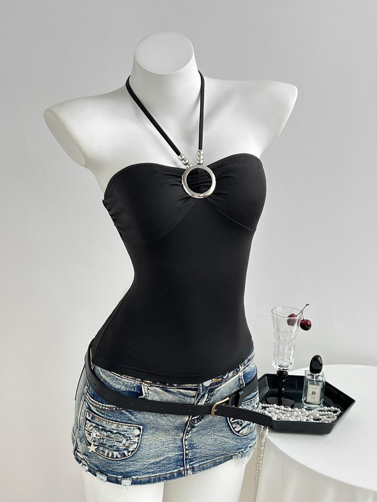 Elamini Tank Top Wanita Kasual dengan Hiasan Mutiara dan Motif Lingkaran Berongga, Model Halter Neck - Hitam - View 6