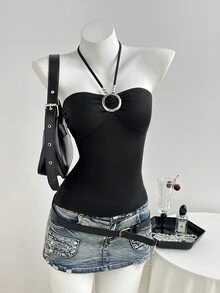 Elamini Tank Top Wanita Kasual dengan Hiasan Mutiara dan Motif Lingkaran Berongga, Model Halter Neck - Hitam - View 4