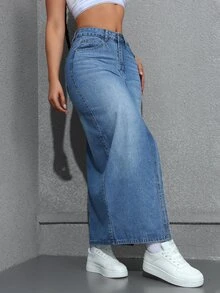SHEIN PETITE Women's Casual Denim Skirt With Side Slit And Pockets - Medium Wash - View 7