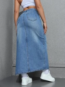 SHEIN PETITE Women's Casual Denim Skirt With Side Slit And Pockets - Medium Wash - View 2