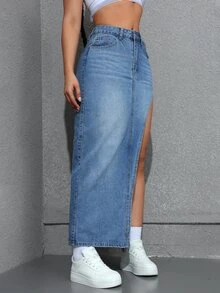 SHEIN PETITE Women's Casual Denim Skirt With Side Slit And Pockets - Medium Wash - View 4