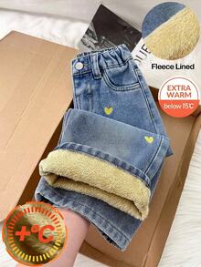 SHEIN LMoss Kids 女嬰秋冬款柔軟保暖彩色愛心圖案藍色丹寧刷毛內裡寬鬆錐形牛仔褲，適合嬰兒日常穿搭，幼兒牛仔褲，保暖牛仔褲 - 中等水洗藍 - 查看 1