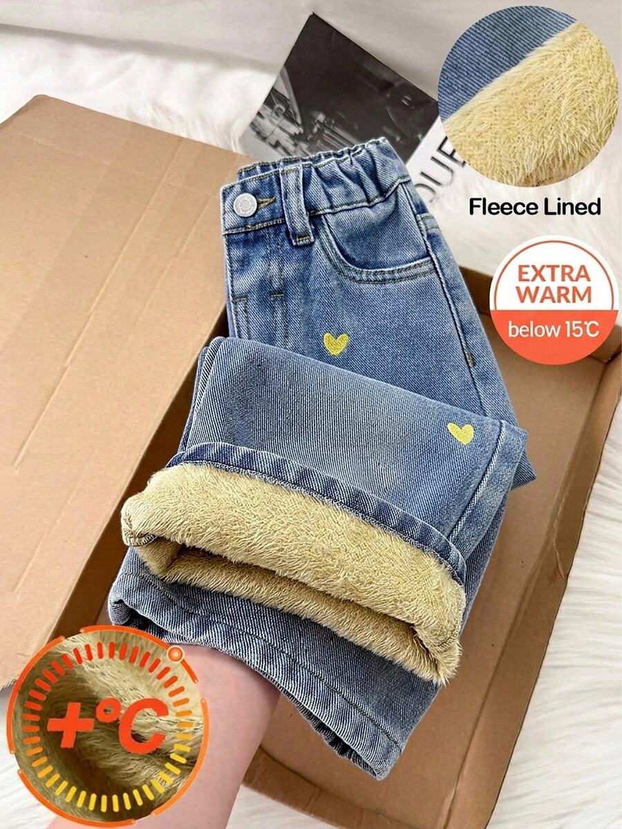 SHEIN LMoss Kids 女嬰秋冬款柔軟保暖彩色愛心圖案藍色丹寧刷毛內裡寬鬆錐形牛仔褲,適合嬰兒日常穿搭,幼兒牛仔褲,保暖牛仔褲 - 中等水洗藍 - 查看 1