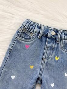 SHEIN LMoss Kids 女嬰秋冬款柔軟保暖彩色愛心圖案藍色丹寧刷毛內裡寬鬆錐形牛仔褲，適合嬰兒日常穿搭，幼兒牛仔褲，保暖牛仔褲 - 中等水洗藍 - 查看 6