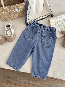 SHEIN LMoss Kids 女嬰秋冬款柔軟保暖彩色愛心圖案藍色丹寧刷毛內裡寬鬆錐形牛仔褲，適合嬰兒日常穿搭，幼兒牛仔褲，保暖牛仔褲 - 中等水洗藍 - 查看 3