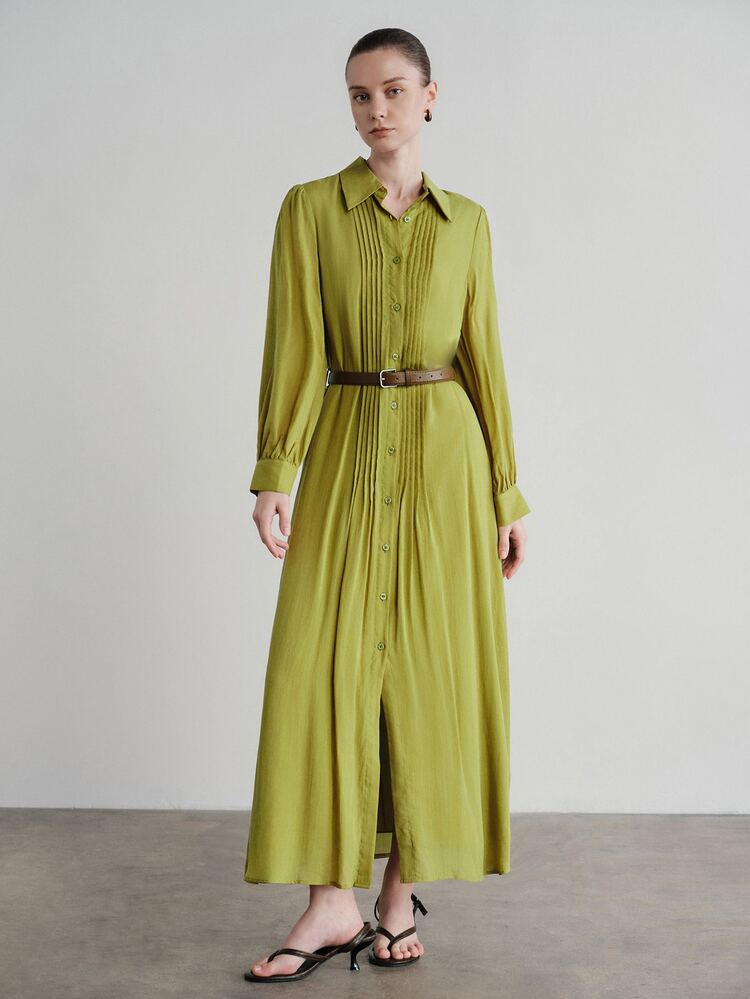 Aveloria Modichic Women's Dress A-Line Long Textured Chiffon Button Lapel Pleated Cinched Waist Elegant French Office Dinner Tea Party Brunch Casual Olive Green Fall - Green - View 2