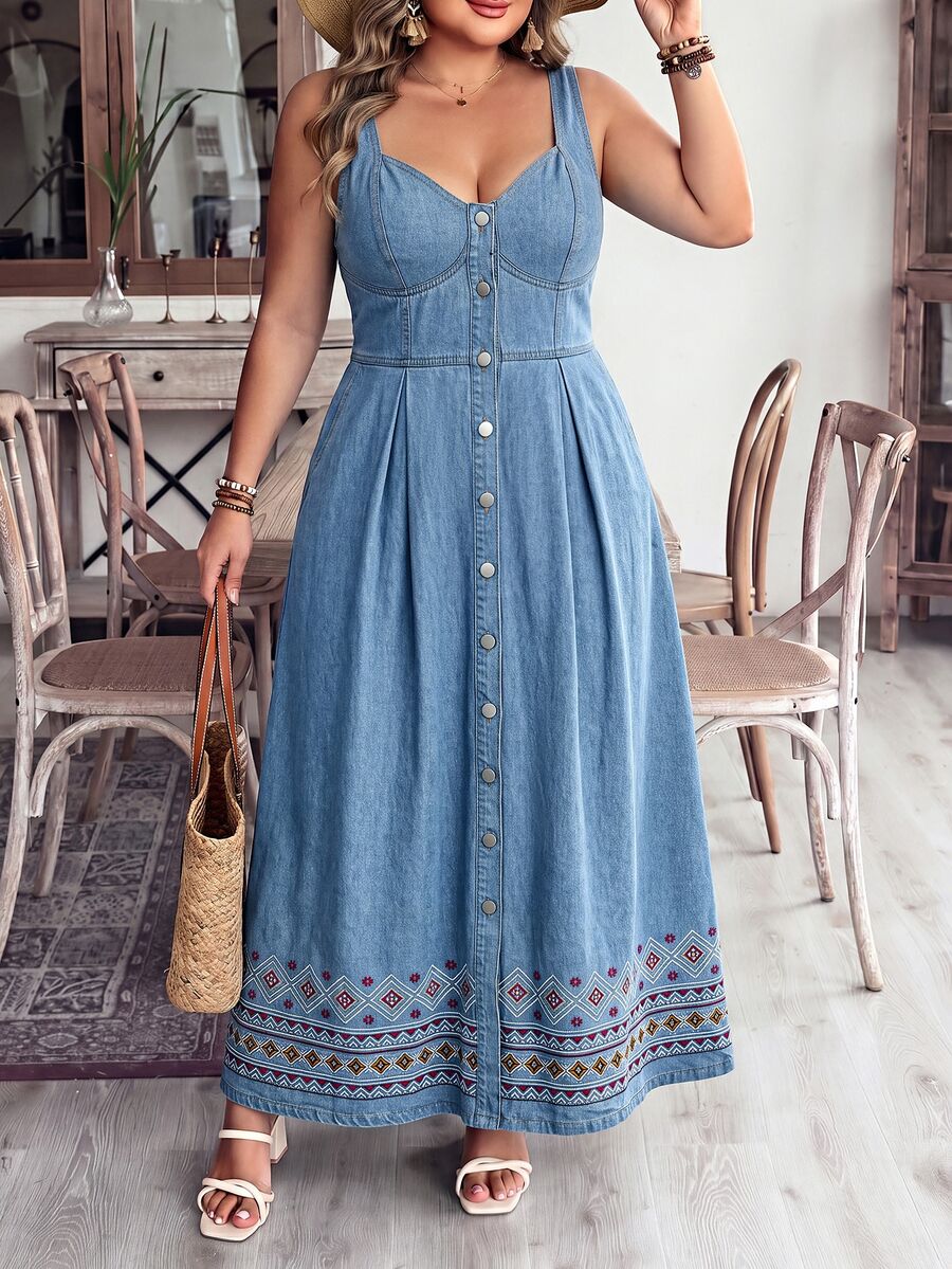 Breezaya Plus Size Sexy Denim Spaghetti Strap Dress - Light Wash - View 1