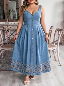 Breezaya Plus Size Sexy Denim Spaghetti Strap Dress - Light Wash - View 6