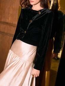MOTF PREMIUM WOMEN'S SATIN METAL BUTTON OPEN FRONT CROPPED JACKET AND SATIN SKIRT 2 PIECES SET - Black - View 3