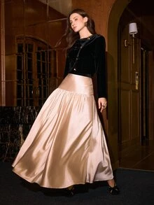 MOTF PREMIUM WOMEN'S SATIN METAL BUTTON OPEN FRONT CROPPED JACKET AND SATIN SKIRT 2 PIECES SET - Black - View 5