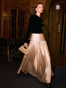 MOTF PREMIUM WOMEN'S SATIN METAL BUTTON OPEN FRONT CROPPED JACKET AND SATIN SKIRT 2 PIECES SET - Black - View 6